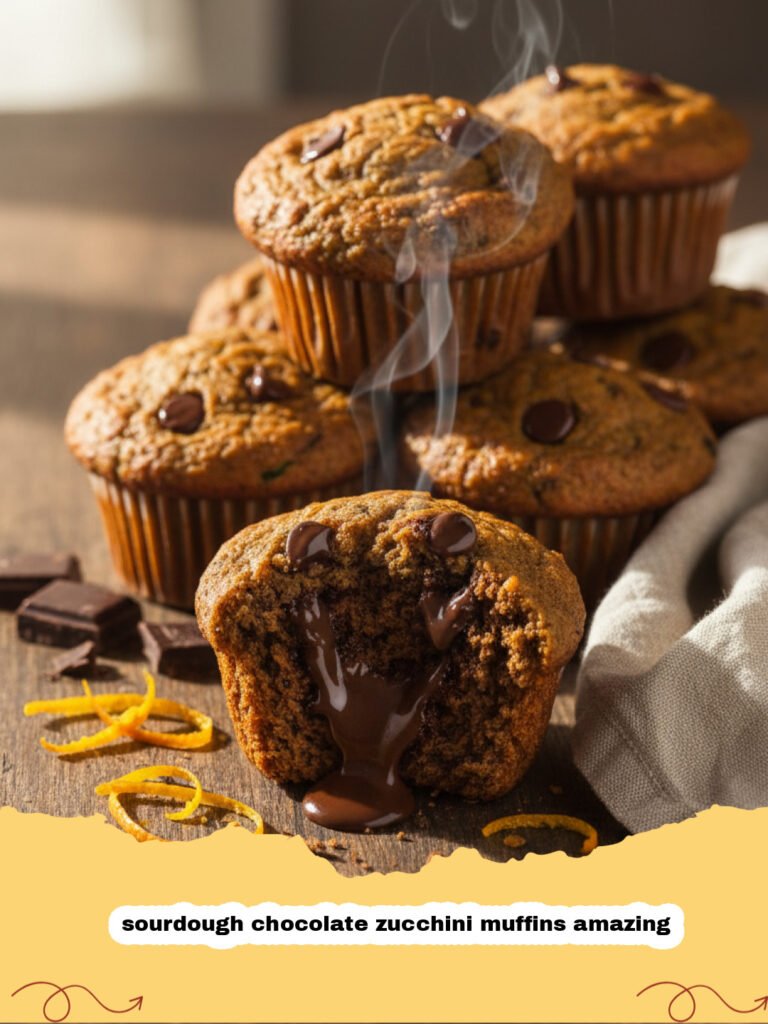 sourdough chocolate zucchini muffins amazing - A close up shot of a sourdough chocolate zucchini muffin with melted chocolate chips