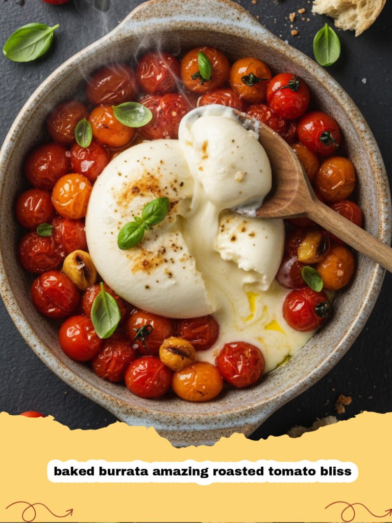 baked burrata amazing roasted tomato bliss - A close up shot of bubbling roasted tomatoes surrounding a soft, white baked burrata cheese with fresh basil.