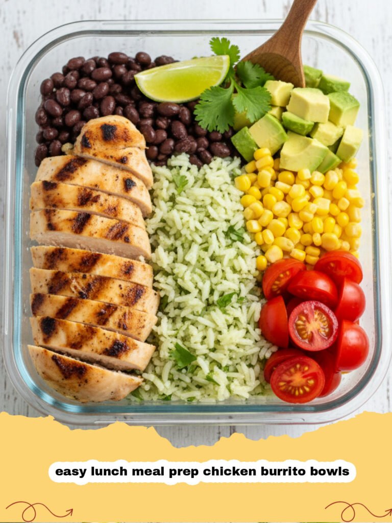 easy lunch meal prep chicken burrito bowls - Four glass meal prep containers filled with chicken burrito bowls showing rice, beans, corn, and salsa.