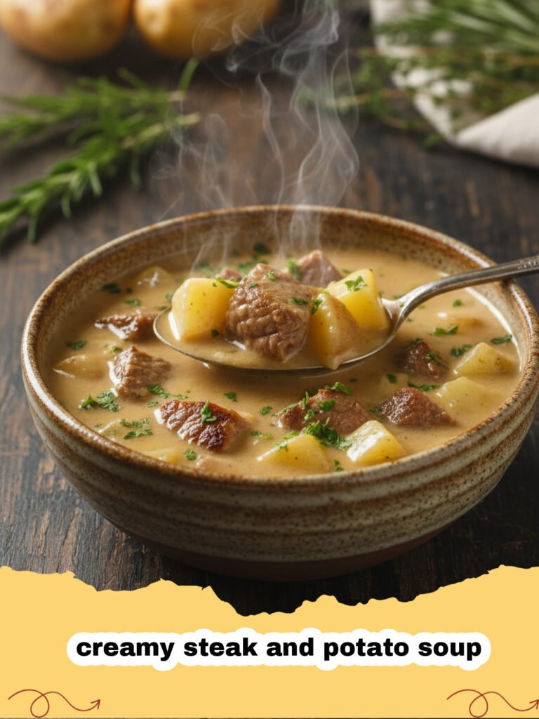 A steaming bowl of creamy steak and potato soup topped with fresh chives and served with crusty bread.