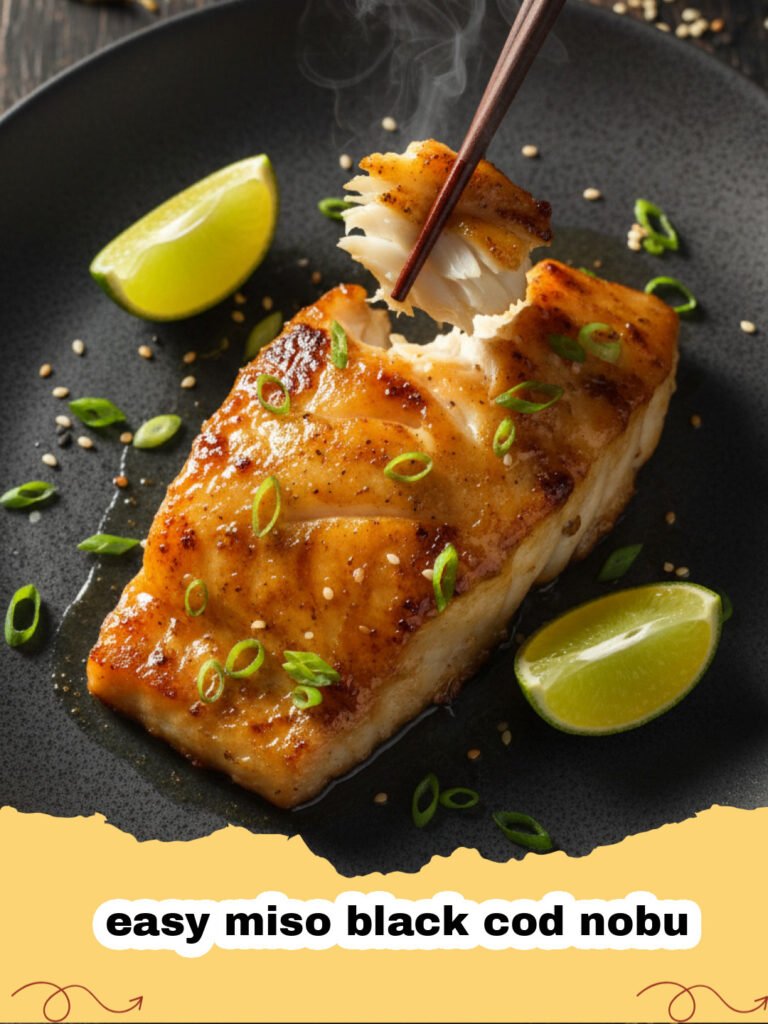 A perfectly charred easy miso black cod nobu fillet served on a white plate with a side of ginger.