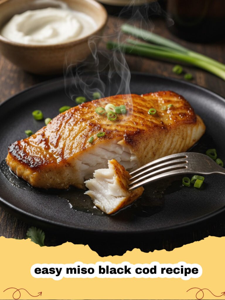 easy miso black cod recipe - A perfectly glazed and charred piece of miso black cod on a white plate.