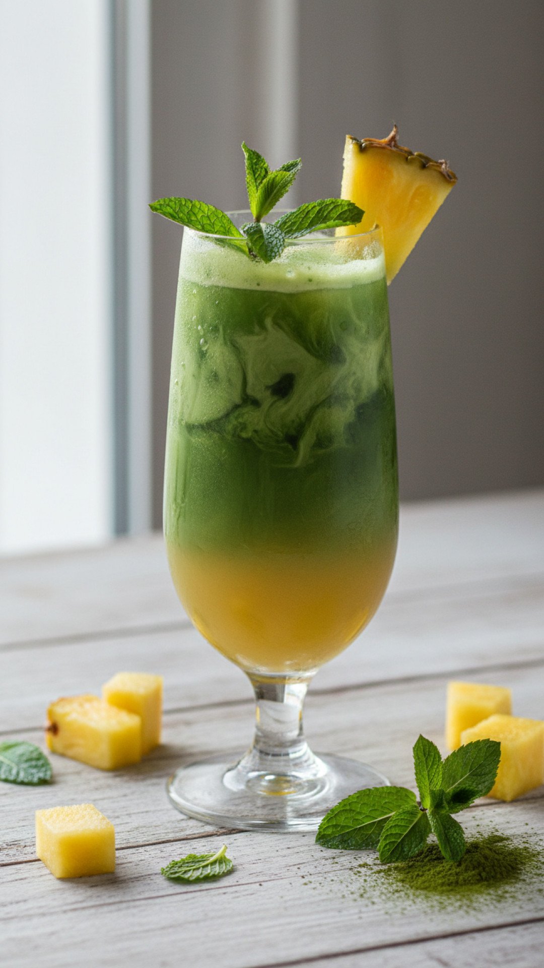 Fresh Matcha Mocktail Pineapple Mint Preparation