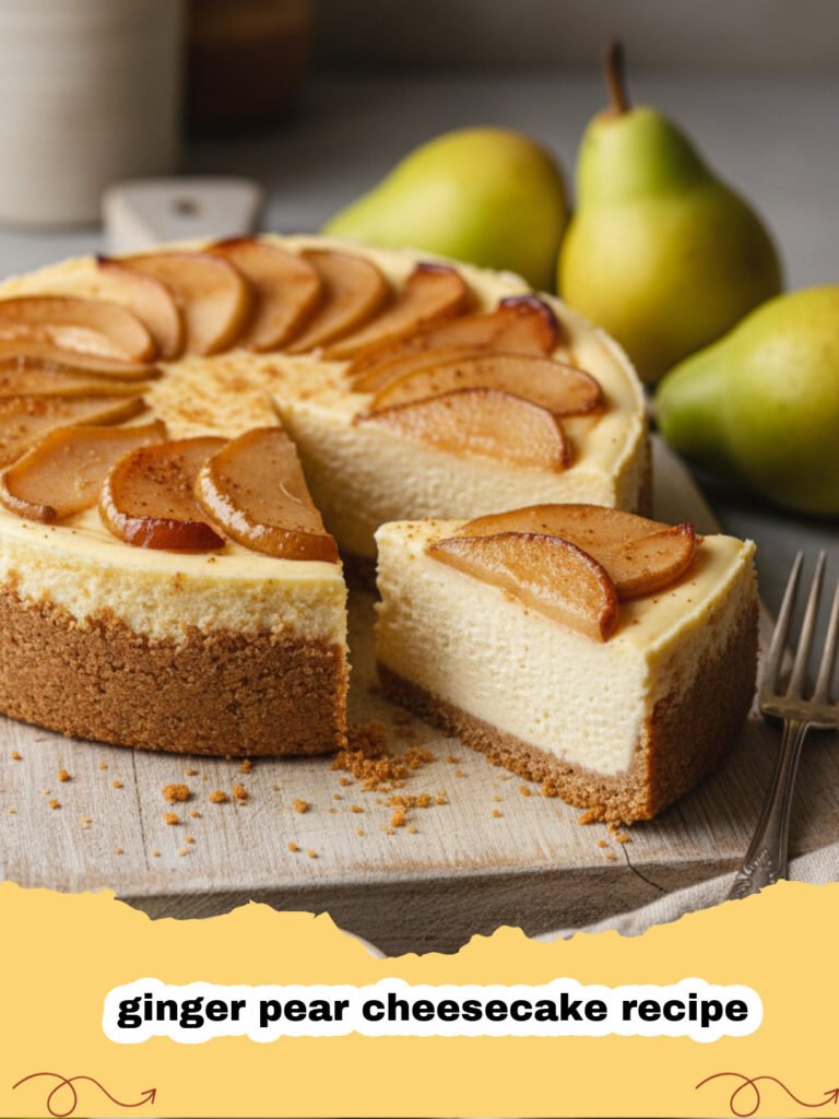 ginger pear cheesecake recipe - A close-up shot of a ginger pear cheesecake with poached pear slices on top
