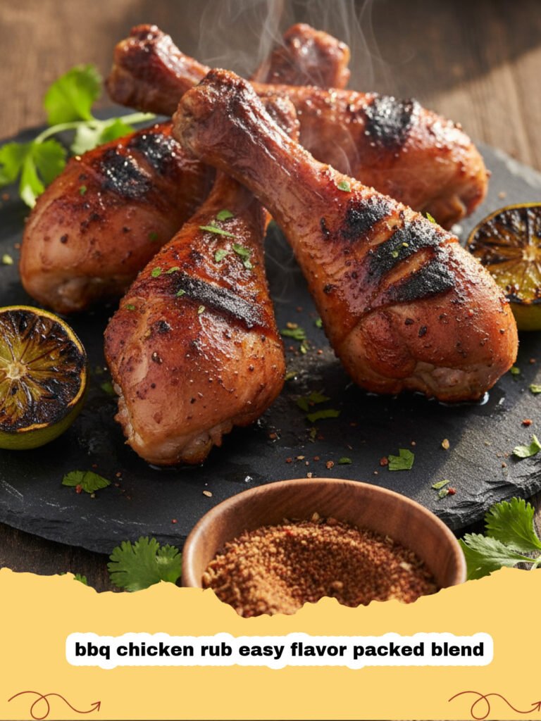 bbq chicken rub easy flavor packed blend - A close up photo of a jar filled with a vibrant red BBQ chicken rub blend next to grilled chicken pieces.