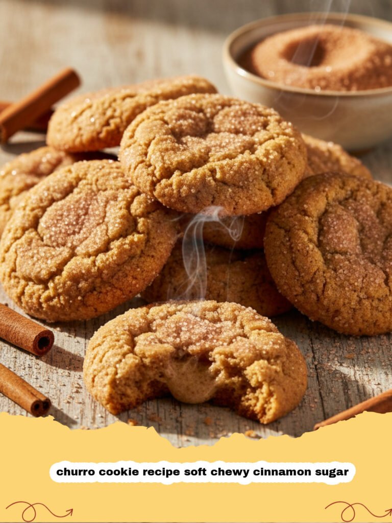 churro cookie recipe soft chewy cinnamon sugar - Close up of soft churro cookies rolled in cinnamon sugar on a cooling rack