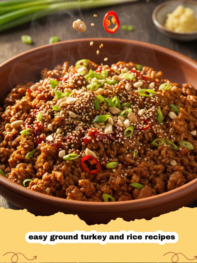 easy ground turkey and rice recipes - A steaming skillet of ground turkey and rice with bell peppers and fresh parsley garnish.