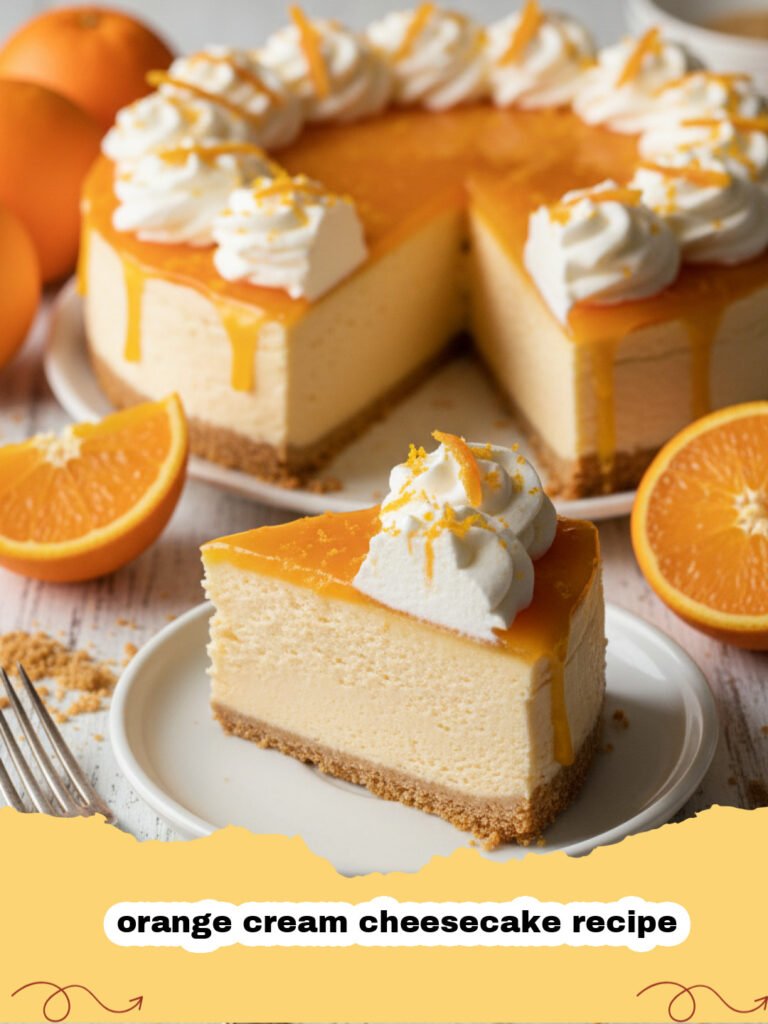 orange cream cheesecake recipe - A close-up of a slice of orange cream cheesecake with a zesty orange garnish.