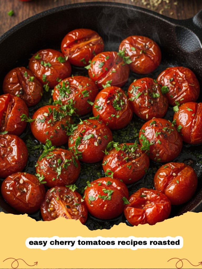 easy cherry tomatoes recipes roasted - A baking sheet filled with roasted cherry tomatoes, garlic, and fresh herbs.