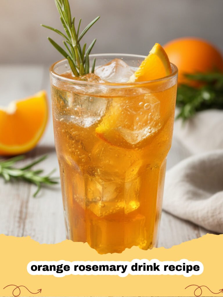 A tall glass of orange rosemary drink recipe garnished with a fresh sprig of rosemary and an orange slice.