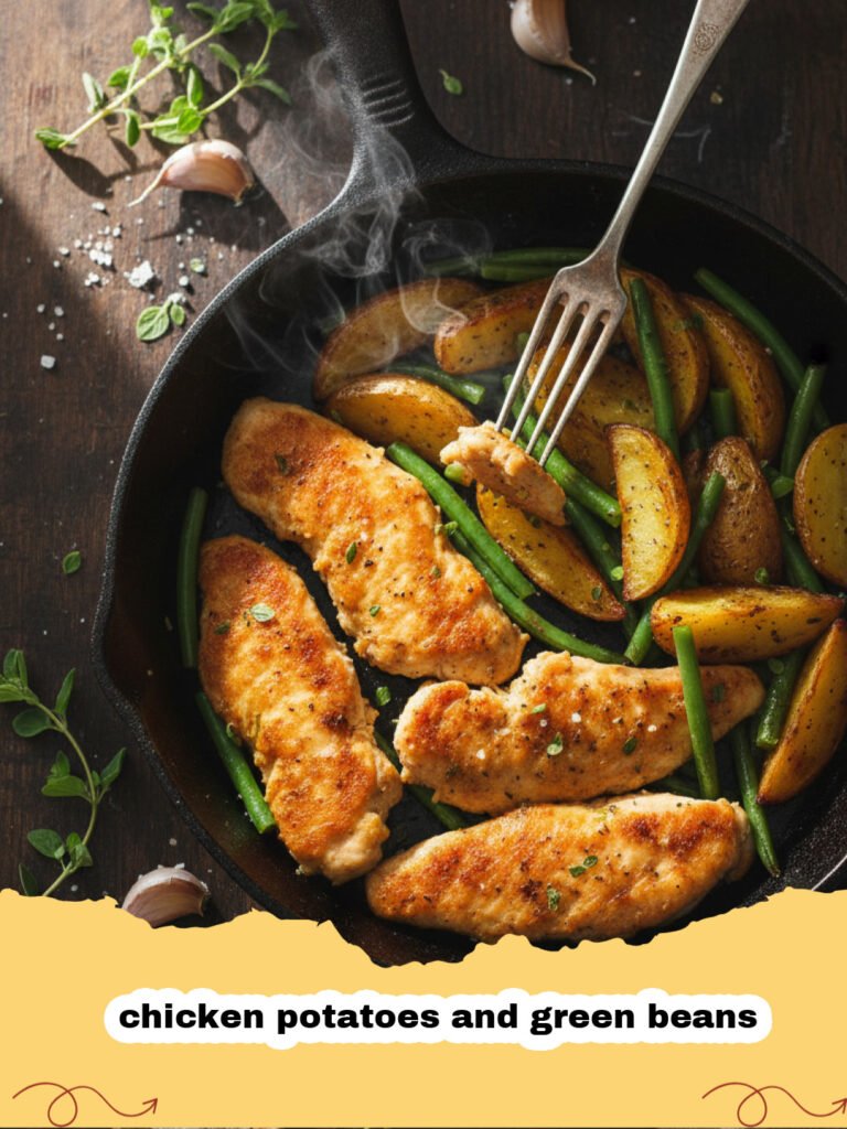 chicken potatoes and green beans - A sheet pan filled with roasted chicken thighs, golden potatoes, and vibrant green beans.