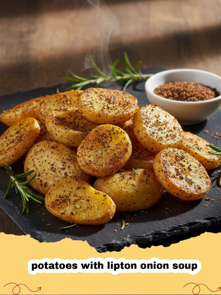 potatoes with lipton onion soup - Crispy golden roasted potatoes seasoned with onion soup mix on a baking sheet
