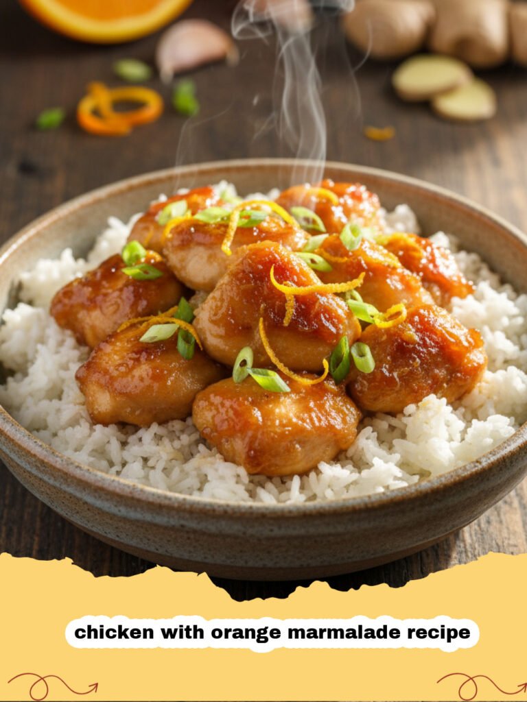 chicken with orange marmalade recipe - Golden brown chicken pieces coated in a shiny orange marmalade glaze in a skillet.