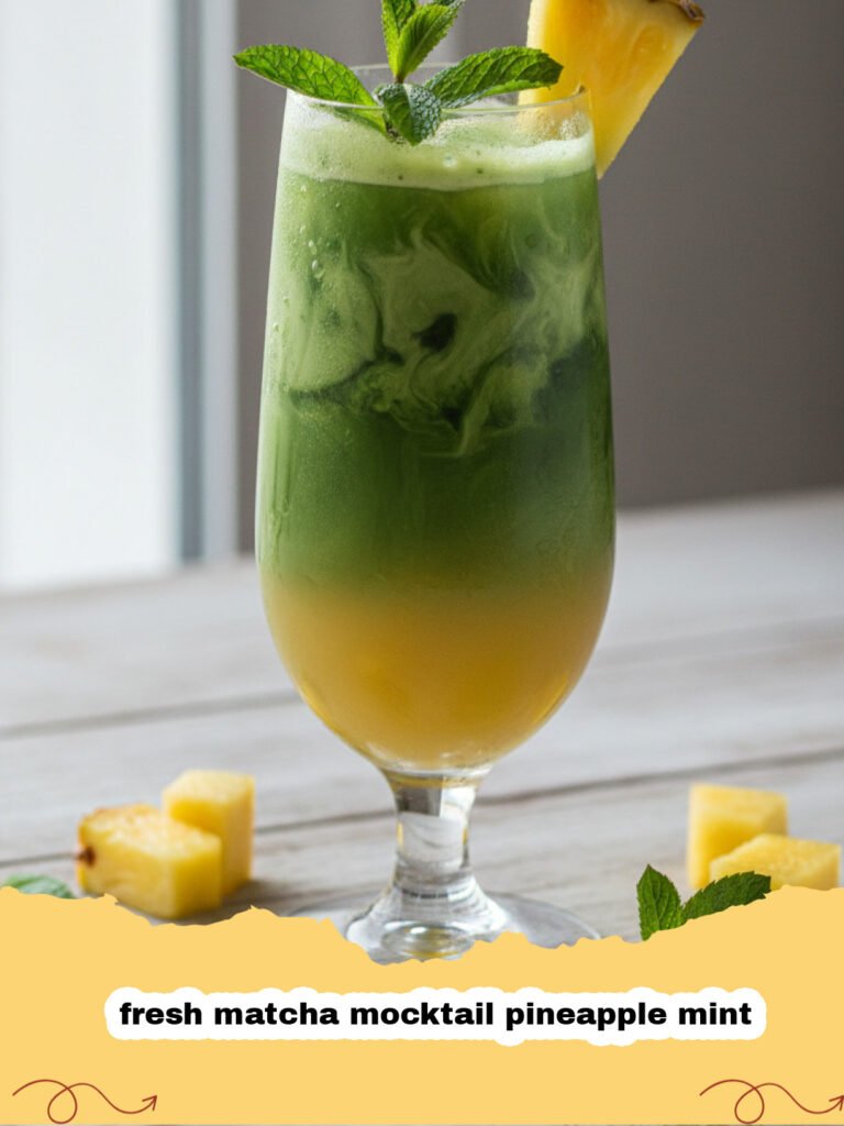 A vibrant green fresh matcha mocktail pineapple mint in a tall glass garnished with mint and pineapple.