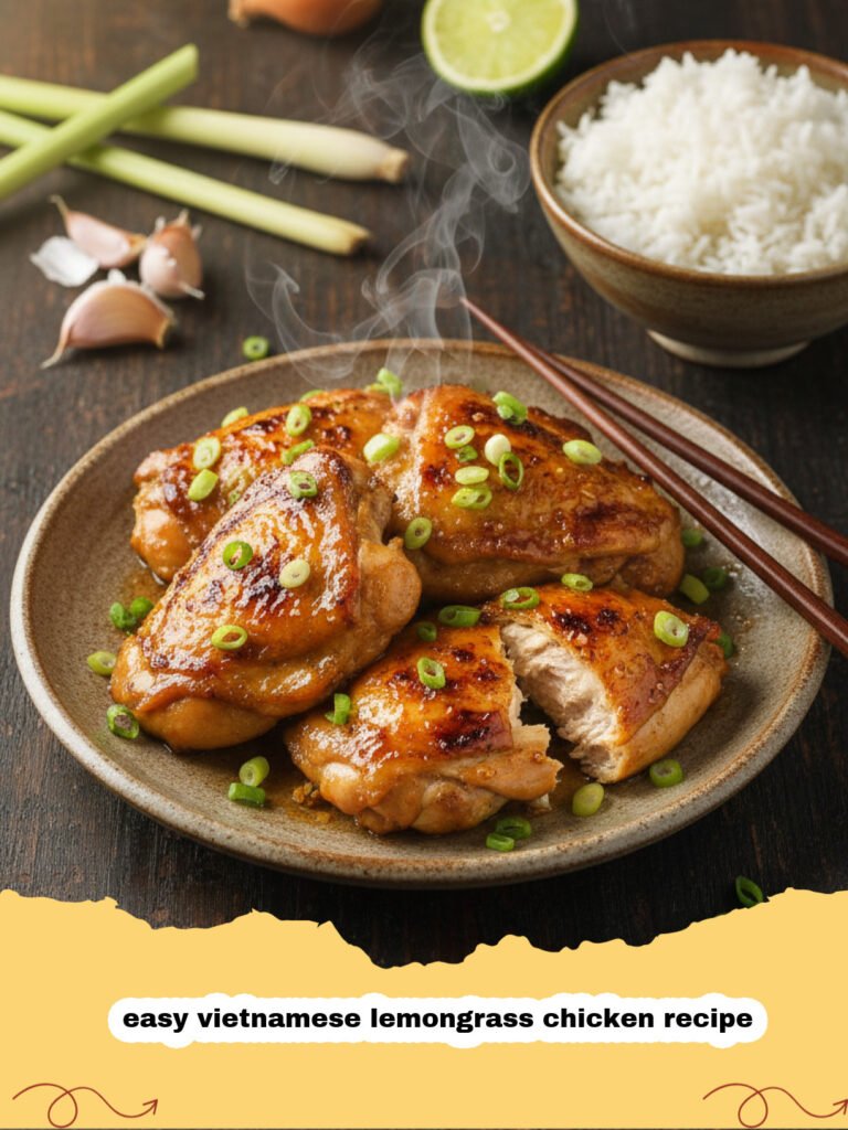 easy vietnamese lemongrass chicken recipe - A plate of golden brown Vietnamese lemongrass chicken with rice and herbs