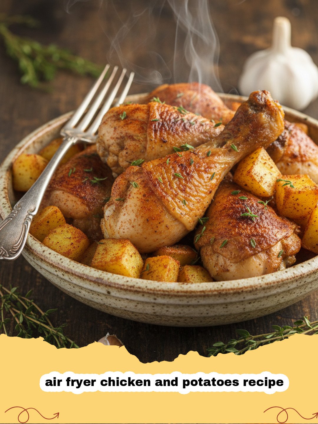air fryer chicken and potatoes recipe - A plate of crispy air fryer chicken thighs and roasted golden potatoes.