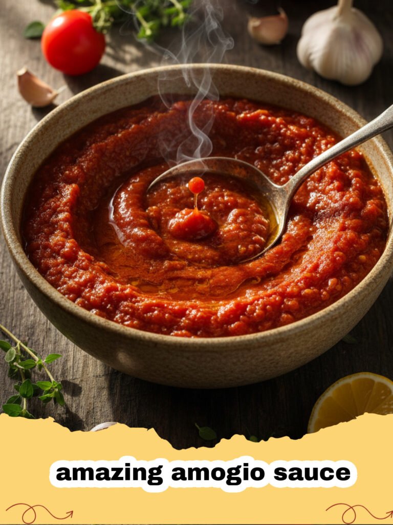 A bowl of fresh amazing amogio sauce with herbs and lemon slices nearby