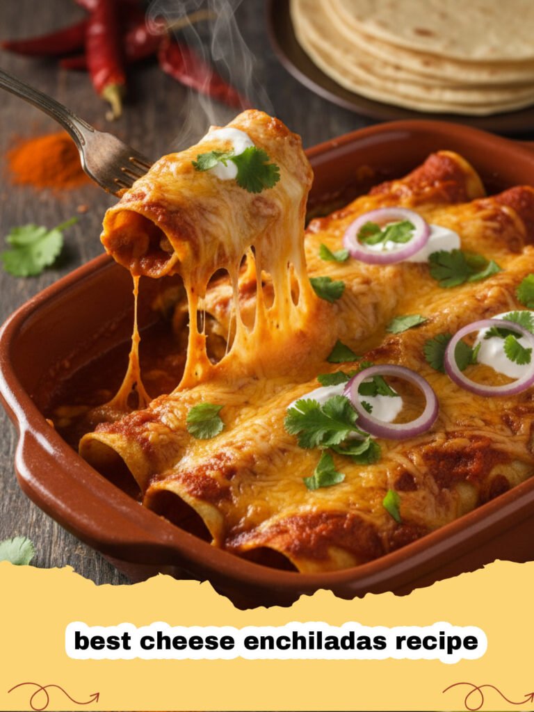 best cheese enchiladas recipe - A close-up of cheesy enchiladas with red sauce and melted cheese in a baking dish.