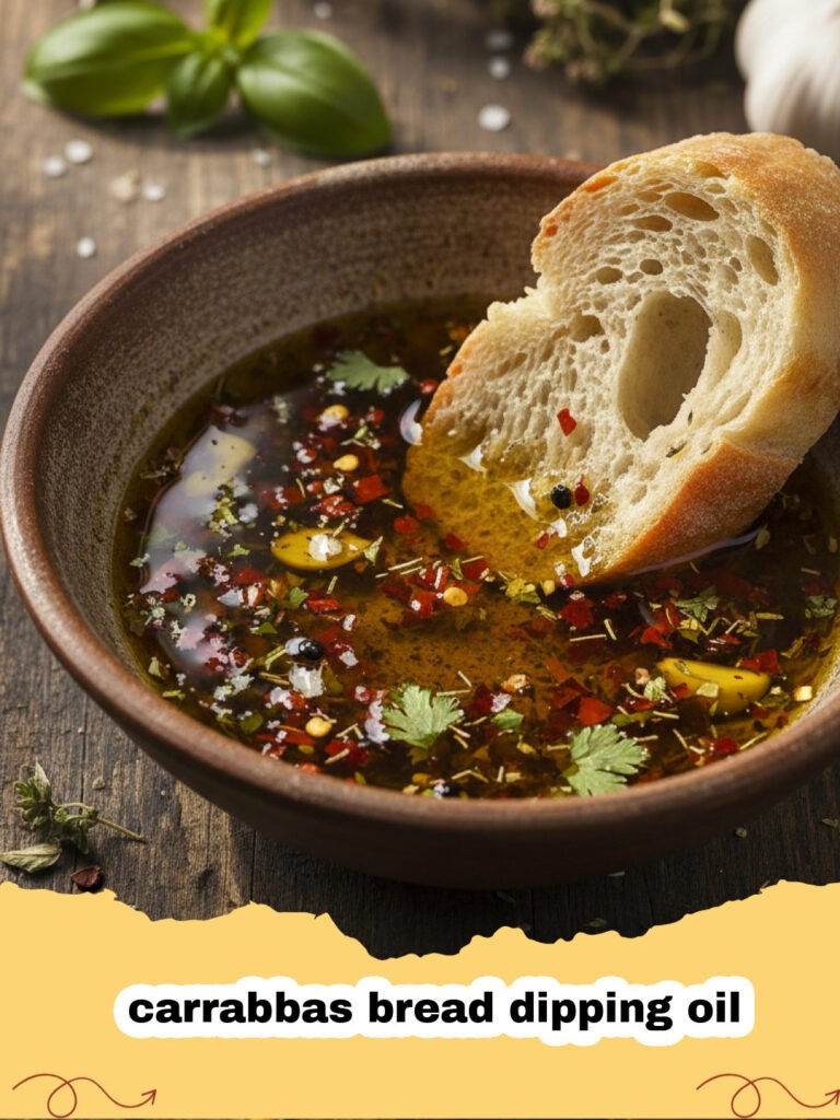 carrabbas bread dipping oil - A shallow white plate containing golden olive oil infused with green herbs and minced garlic, surrounded by slices of ciabatta bread.