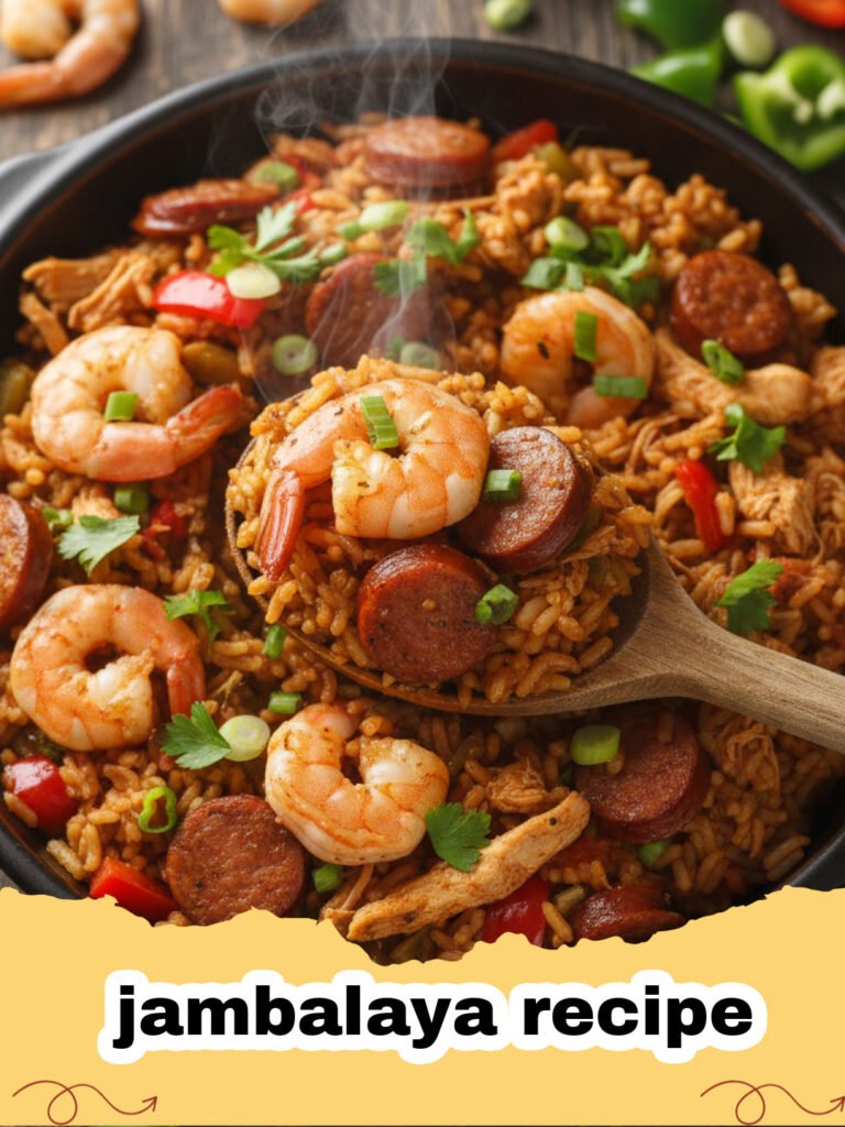 jambalaya recipe - A steaming pot of Cajun jambalaya with shrimp, sausage, and chicken