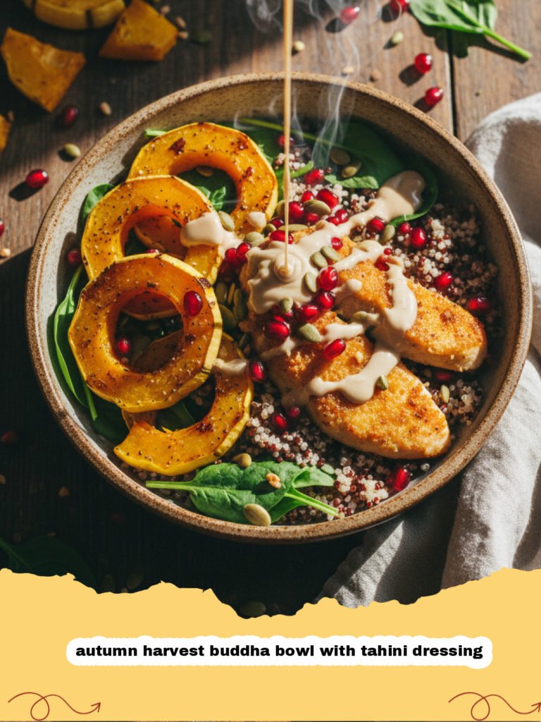 autumn harvest buddha bowl with tahini dressing - A vibrant autumn harvest buddha bowl with roasted sweet potatoes, kale, and chickpeas drizzled with tahini dressing