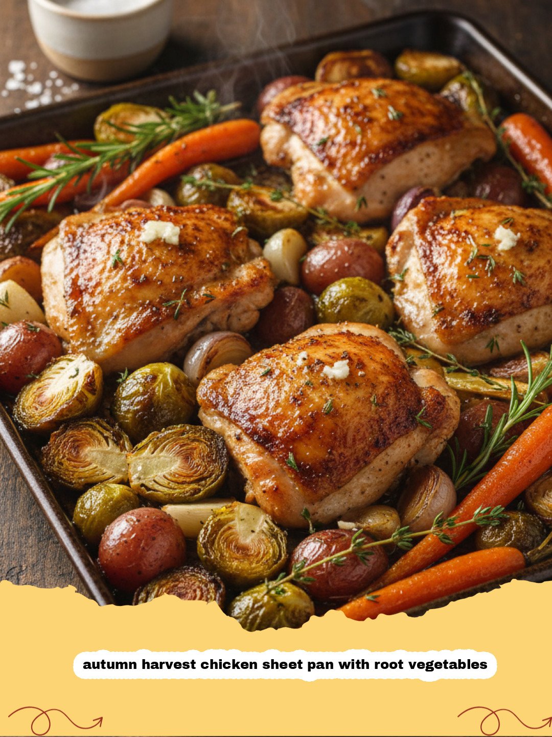 A colorful autumn harvest chicken sheet pan with root vegetables including sweet potatoes and parsnips.