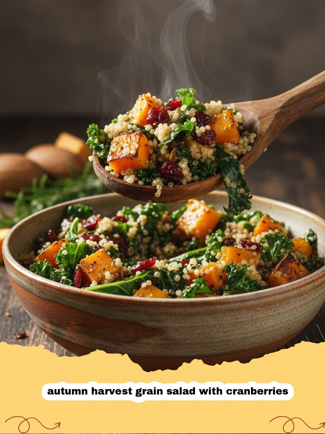 A large bowl of autumn harvest grain salad with cranberries, roasted squash, and pecans.
