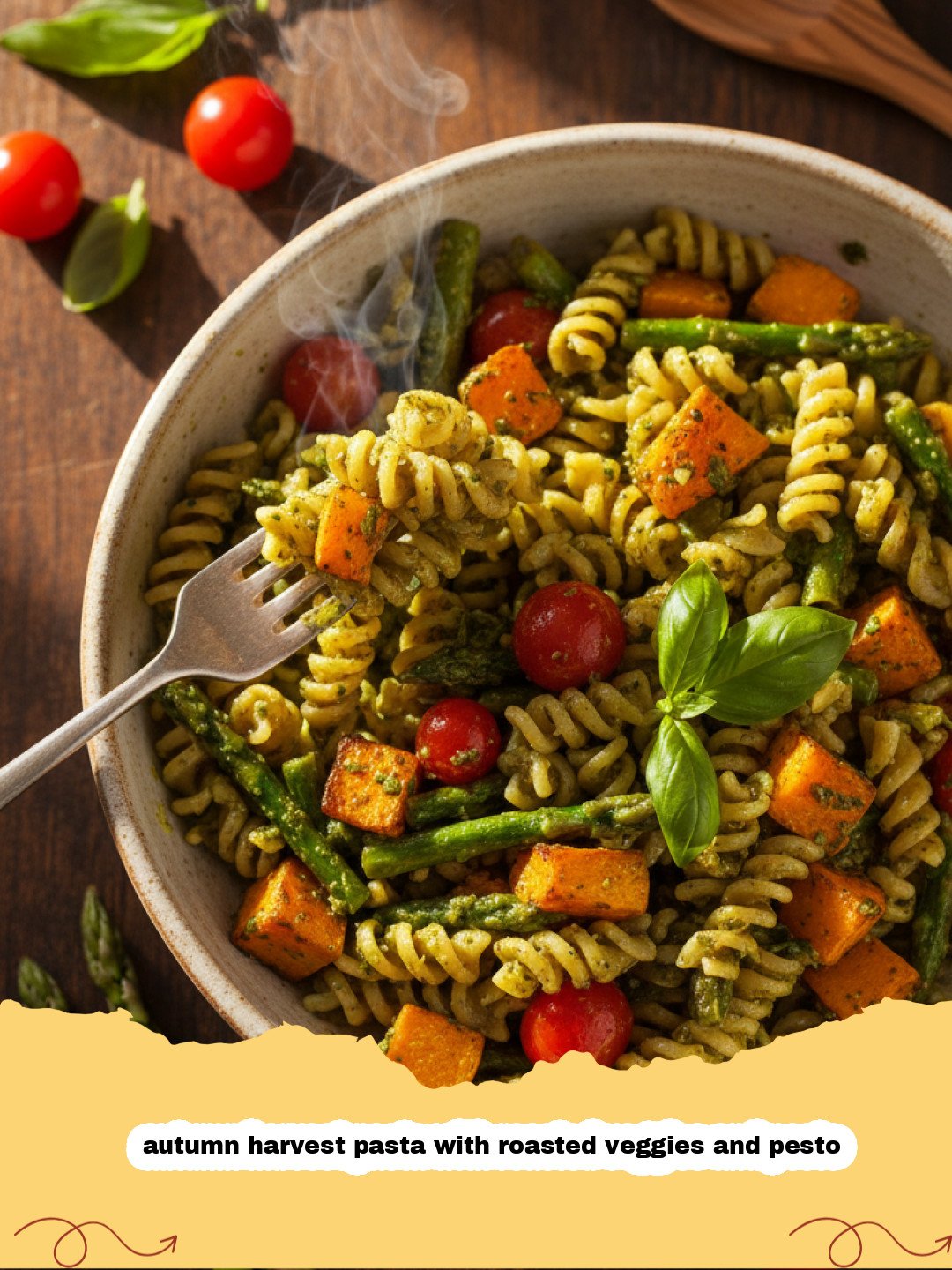 A close-up bowl of autumn harvest pasta with roasted veggies and pesto showing roasted squash and sprouts.