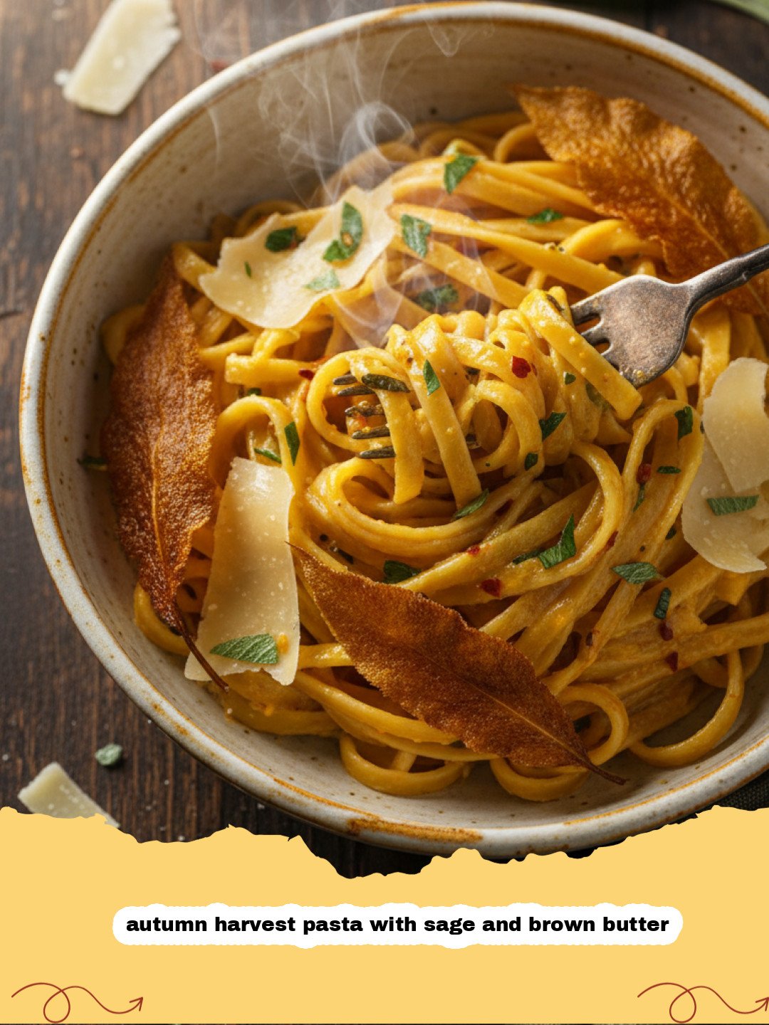 autumn harvest pasta with sage and brown butter - A close up bowl of Autumn Harvest Pasta with Sage and Brown Butter showing roasted squash and crispy sage