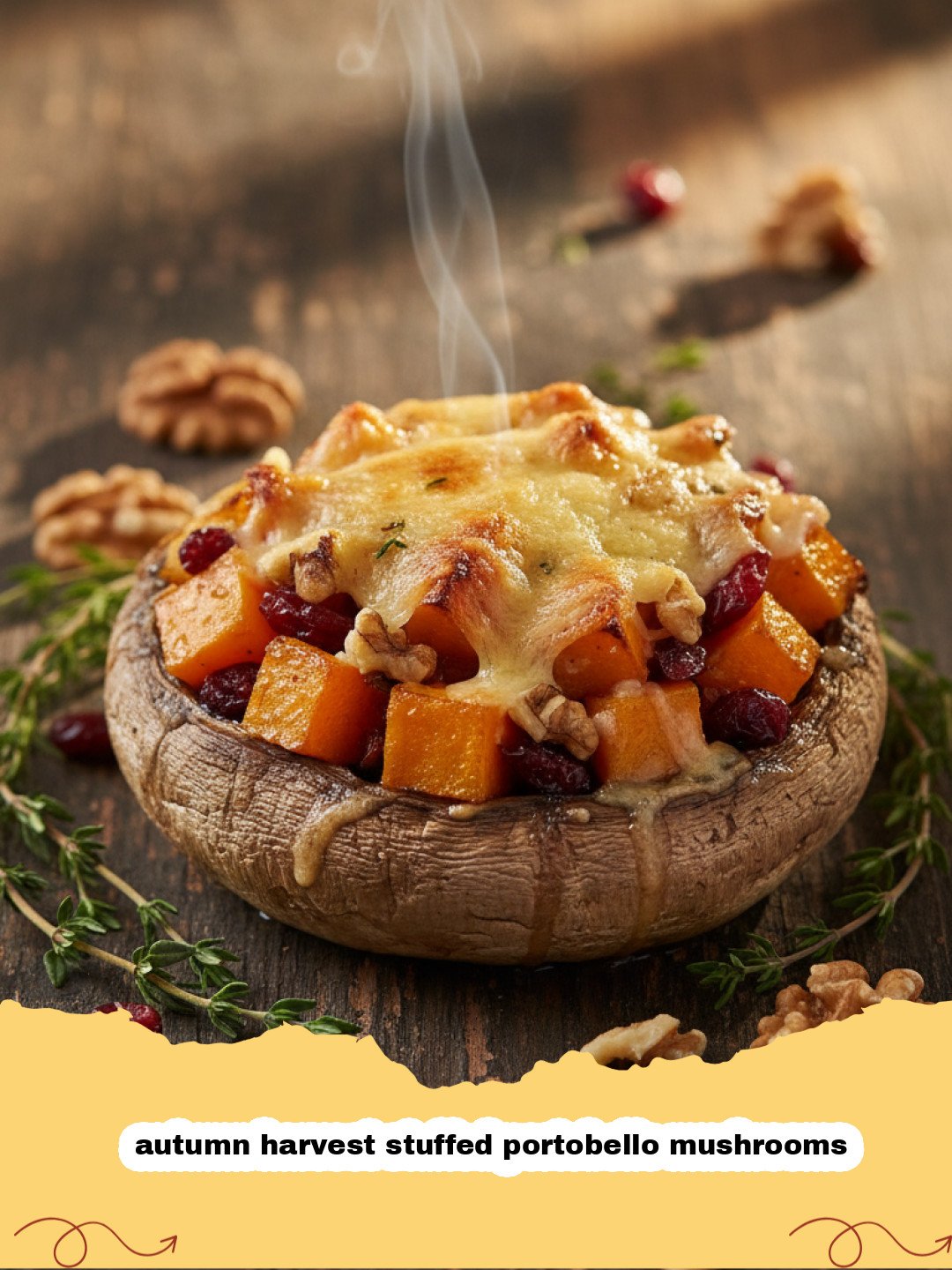 Close-up of golden-brown autumn harvest stuffed portobello mushrooms topped with melted cheese and balsamic glaze.