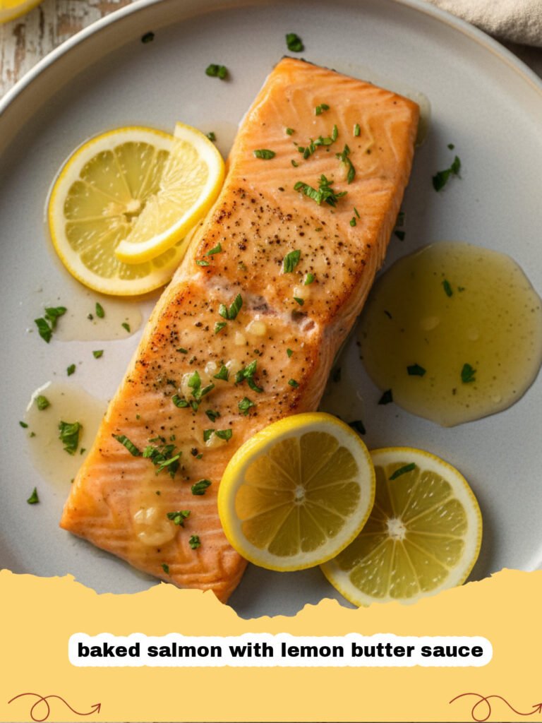 baked salmon with lemon butter sauce - A close up shot of a flaky baked salmon fillet drizzled with a golden lemon butter sauce and topped with fresh parsley.