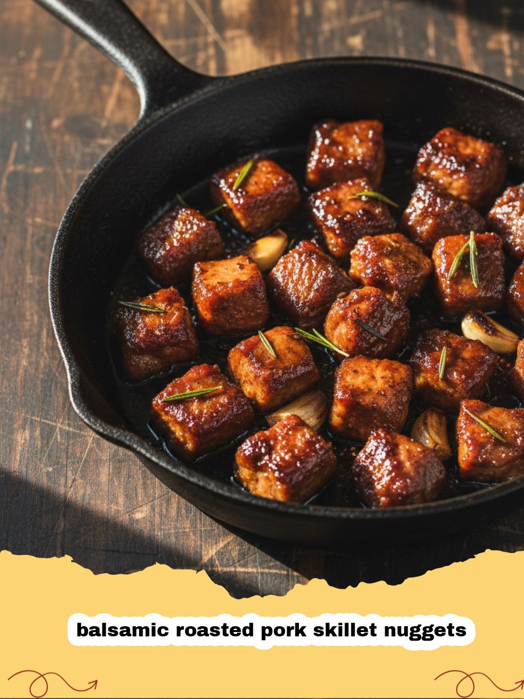 Close-up of glazed balsamic roasted pork skillet nuggets in a cast iron pan with fresh rosemary.