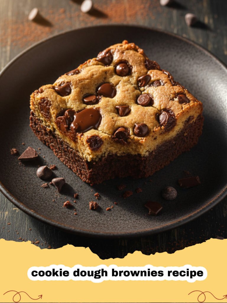 cookie dough brownies recipe - A stack of layered cookie dough brownies showing the fudgy brownie bottom and thick cookie dough top.