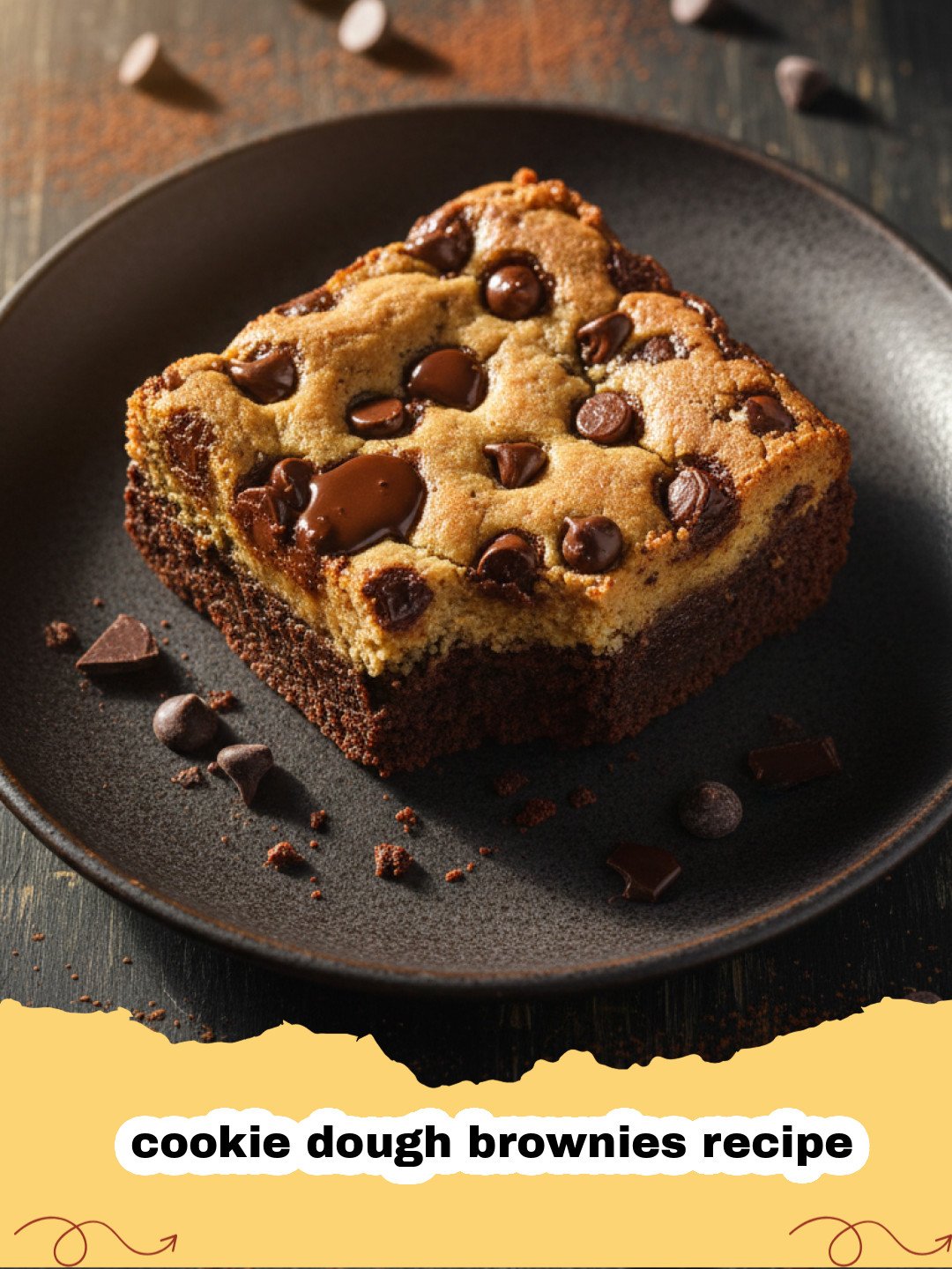 cookie dough brownies recipe - A stack of layered cookie dough brownies showing the fudgy brownie bottom and thick cookie dough top.