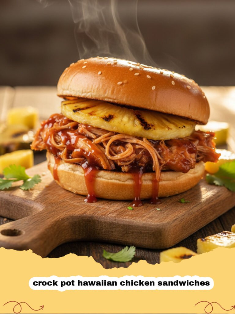 crock pot hawaiian chicken sandwiches - Close up of a shredded Hawaiian chicken sandwich with pineapple and red onion on a brioche bun.