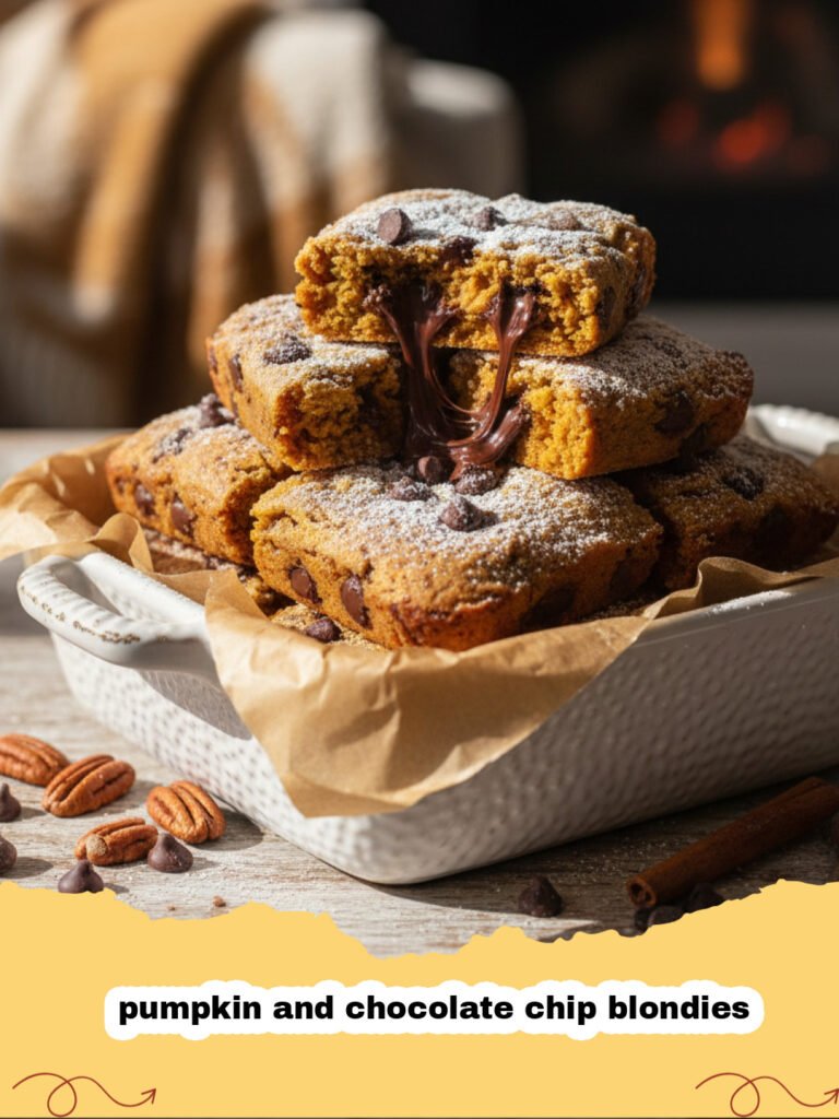 A close-up shot of square pumpkin and chocolate chip blondies on a cooling rack.
