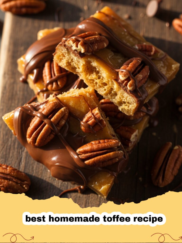 best homemade toffee recipe - Pieces of homemade English toffee with chocolate and almonds