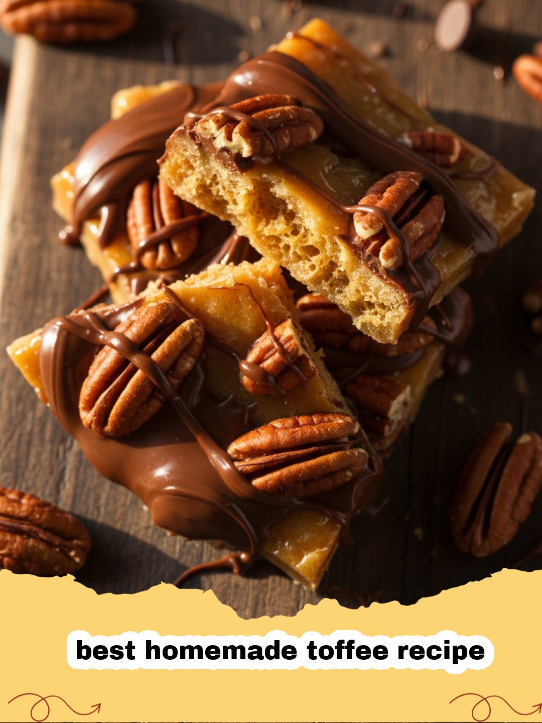 best homemade toffee recipe - Pieces of homemade English toffee with chocolate and almonds