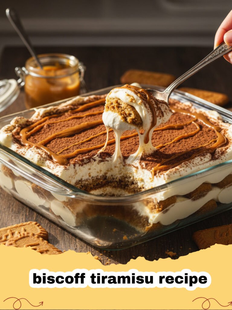 biscoff tiramisu recipe - A close up shot of a layered Biscoff Tiramisu in a glass dish with cookie crumbs on top.