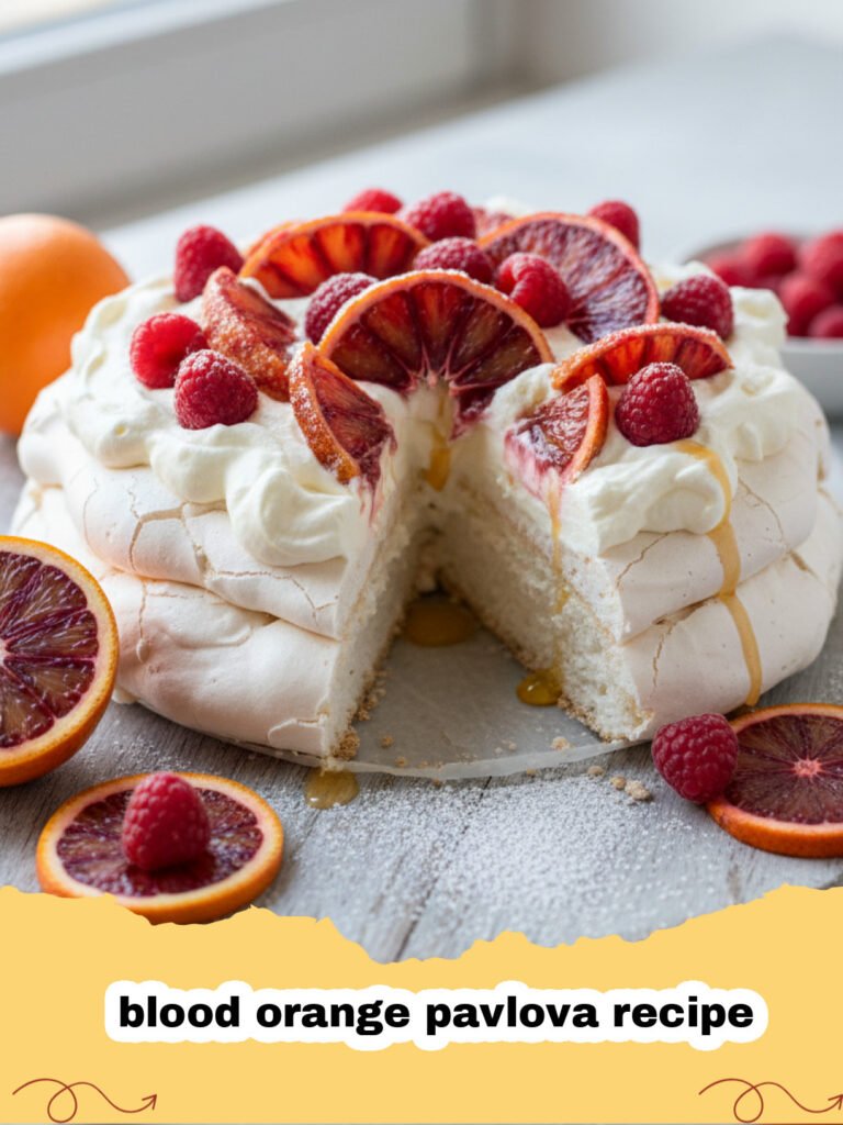 blood orange pavlova recipe - A beautiful blood orange pavlova topped with red citrus segments and whipped cream on a white platter.