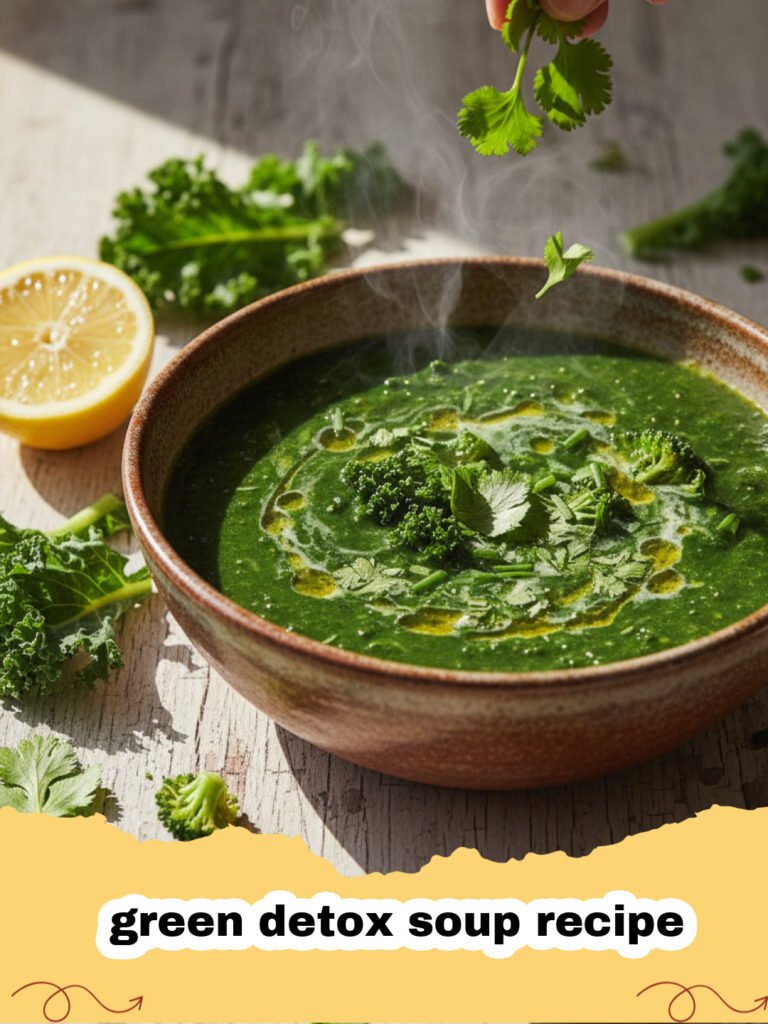 green detox soup recipe - A bowl of vibrant green detox soup topped with pumpkin seeds and a swirl of coconut milk.
