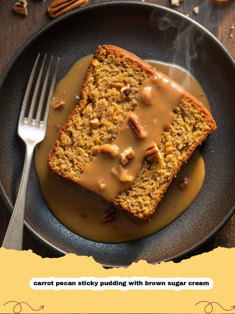 carrot pecan sticky pudding with brown sugar cream - A close up of carrot pecan sticky pudding drenched in golden brown sugar cream sauce