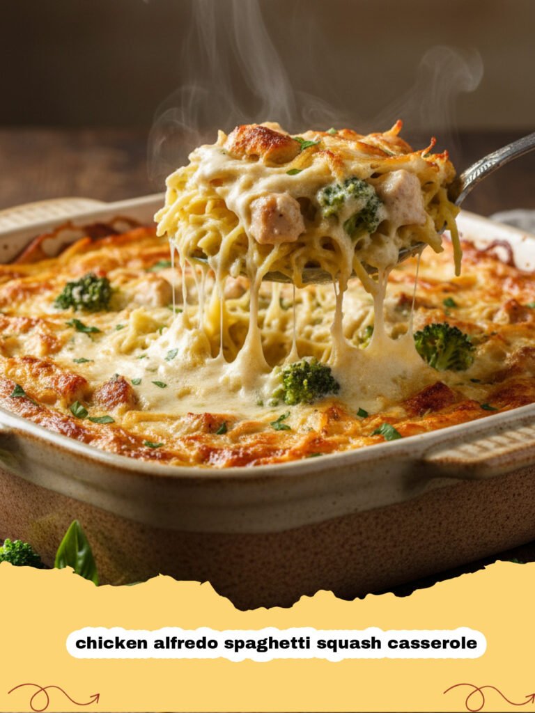 A bubbling golden-brown chicken alfredo spaghetti squash casserole in a ceramic dish topped with parsley.