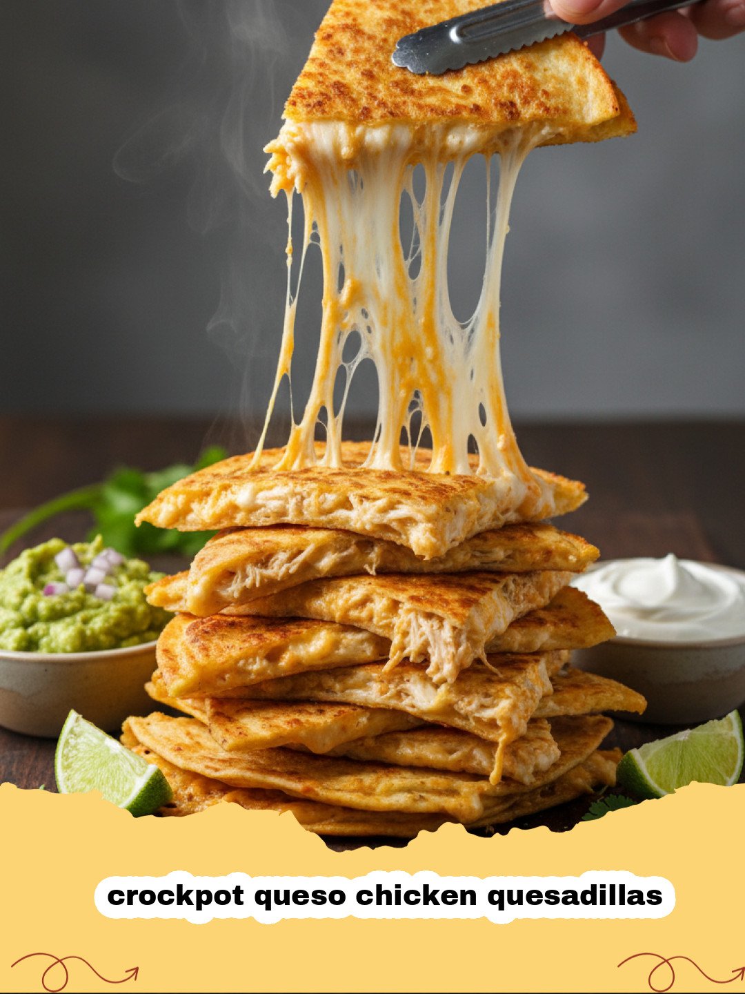 Golden brown crispy crockpot queso chicken quesadillas stacked on a plate