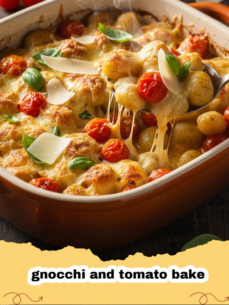 A bubbling, cheesy gnocchi and tomato bake in a skillet garnished with fresh basil