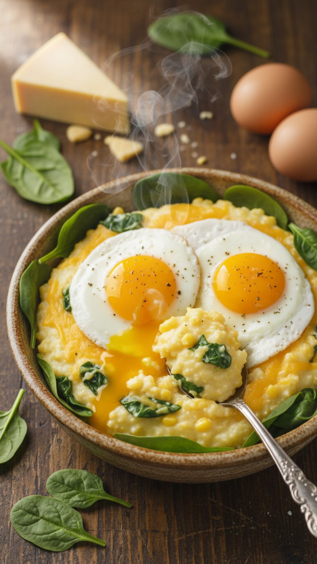 Cheesy Grits with Spinach and Fried Eggs Preparation