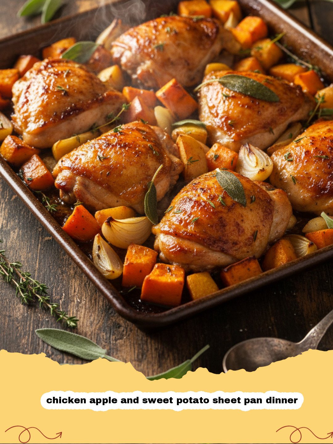 chicken apple and sweet potato sheet pan dinner - Chicken Apple and Sweet Potato Sheet Pan Dinner on a tray