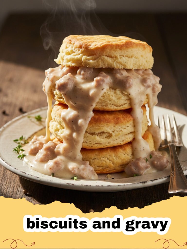 biscuits and gravy - A close-up of two open-faced buttermilk biscuits covered in thick, creamy sausage gravy with black pepper.