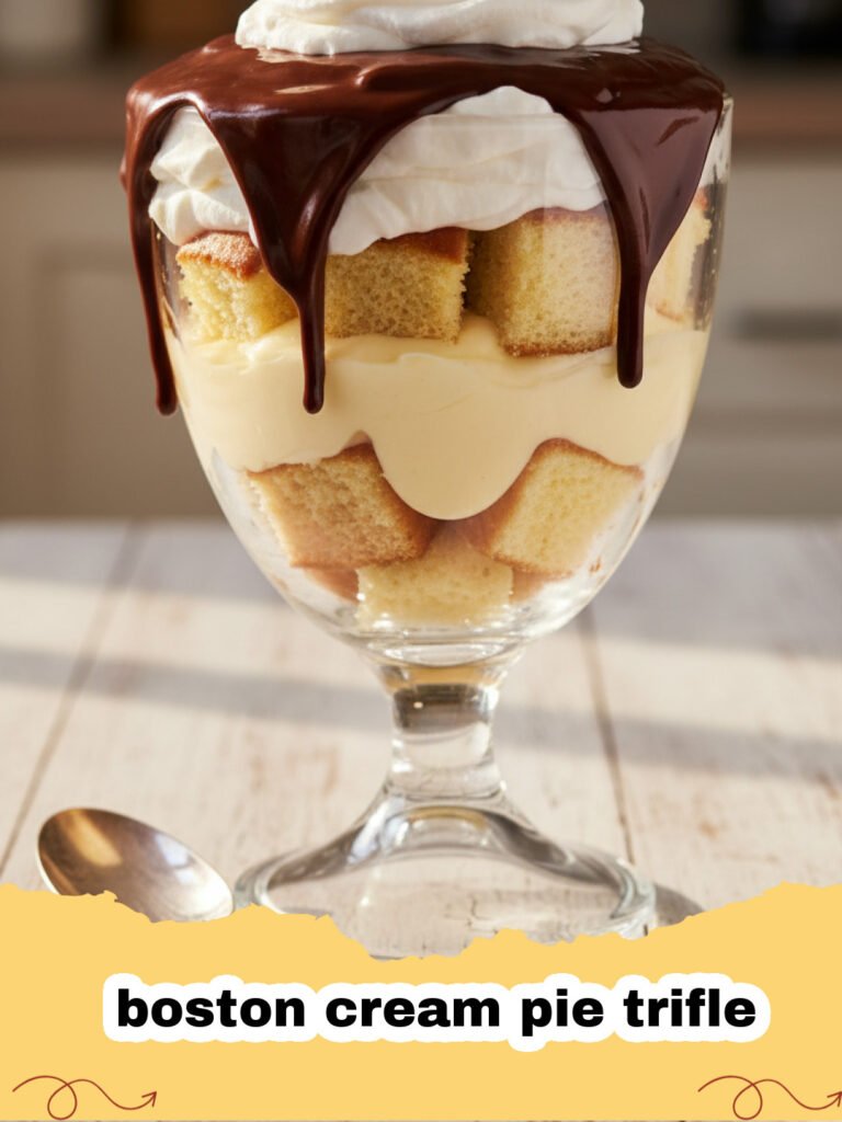 A beautiful boston cream pie trifle in a glass dish showing layers of yellow cake, vanilla cream, and chocolate ganache.