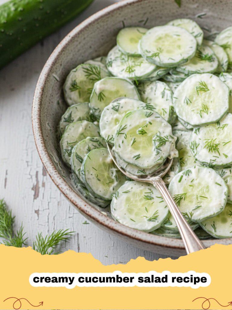 creamy cucumber salad recipe - A bowl of creamy cucumber salad with fresh dill and red onions